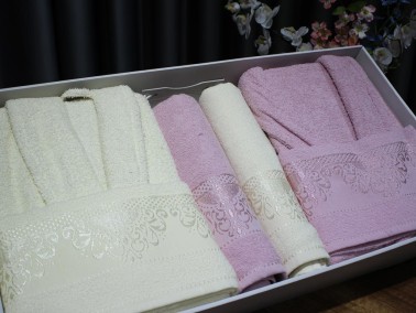 James Curl Motif Patterned Family Bathrobe Set 6 Pcs Cream Powder - Thumbnail