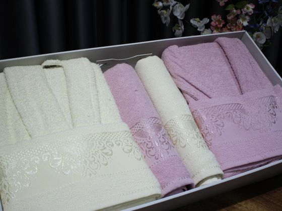 James Curl Motif Patterned Family Bathrobe Set 6 Pcs Cream Powder