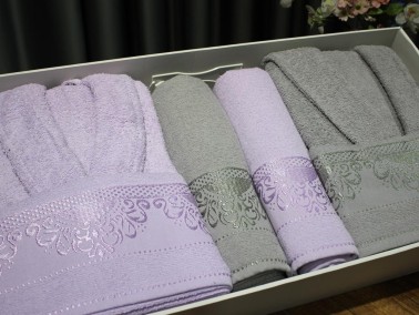 James Curl Motif Patterned Family Bathrobe Set 6 Pcs. Lilac Gray - Thumbnail