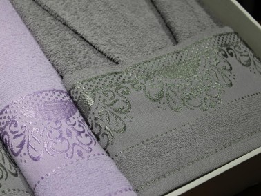 James Curl Motif Patterned Family Bathrobe Set 6 Pcs. Lilac Gray - Thumbnail