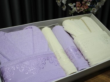 James Curl Motif Patterned Family Bathrobe Set 6 Pieces Lilac Cream - Thumbnail