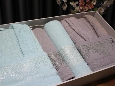 James Curl Motif Patterned Family Bathrobe Set 6 Pcs Mint Gray - Thumbnail