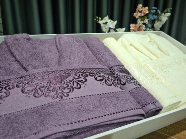 James Gold Motif Patterned Family Bathrobe Set 6 Pieces Plum Cream - Thumbnail