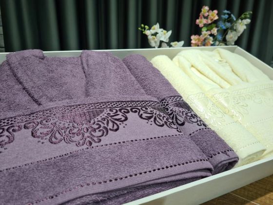 James Gold Motif Patterned Family Bathrobe Set 6 Pieces Plum Cream