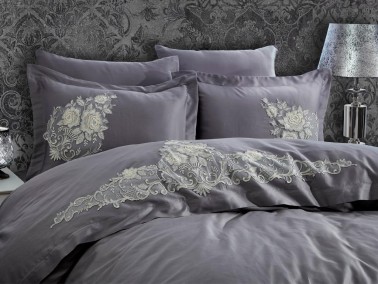 Jenna Embroidered Cotton Satin Double Duvet Cover Set Anthracite - Thumbnail