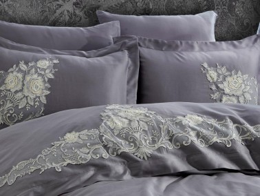 Jenna Embroidered Cotton Satin Double Duvet Cover Set Anthracite - Thumbnail