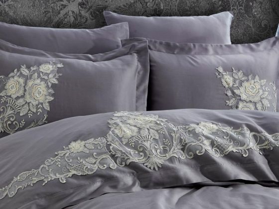 Jenna Embroidered Cotton Satin Double Duvet Cover Set Anthracite