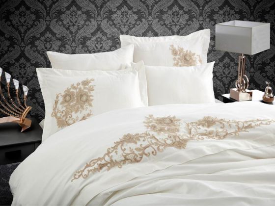 Jenna Embroidered Cotton Satin Double Duvet Cover Set Cream