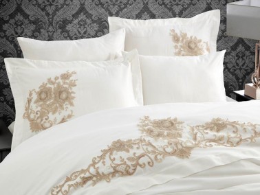 Jenna Embroidered Cotton Satin Double Duvet Cover Set Cream - Thumbnail