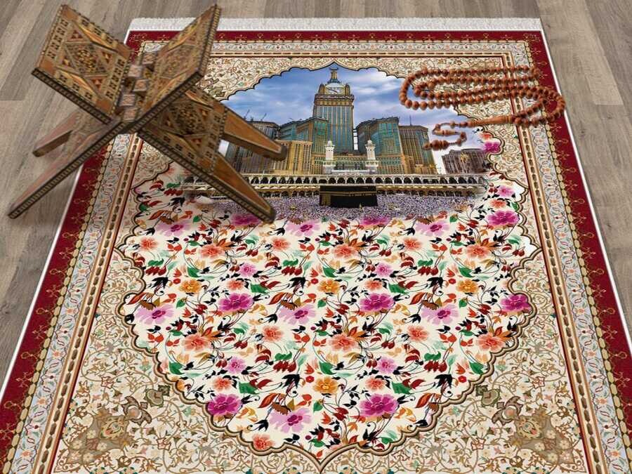 Kaaba Velvet Prayer Rug Burgundy - Thumbnail