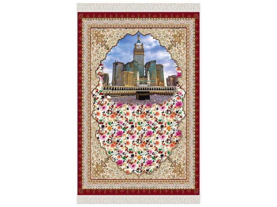 Kaaba Velvet Prayer Rug Burgundy - Thumbnail