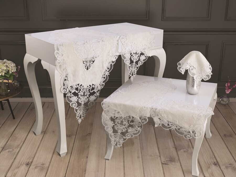 Dowry World - Velvet Cinar Living Room Set 5 Pieces Cream