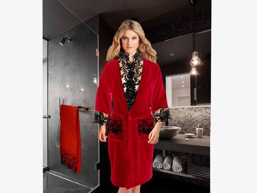 Dowry World - Velvet Lace Hooded Bathrobe Set Dowry World - Velvet Lace Hooded Bathrobe Set