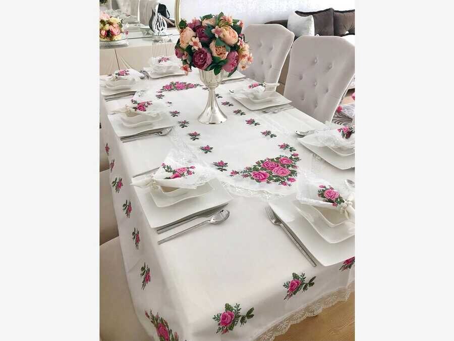 CanvasPrinted Guipure Four Roses Tablecloth Set 18 Pcs Pink - Thumbnail