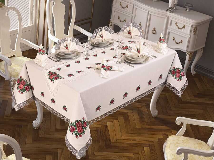  Cross Stitch Printed Guipure Four Roses Tablecloth Set 26 Pieces Bordeaux 