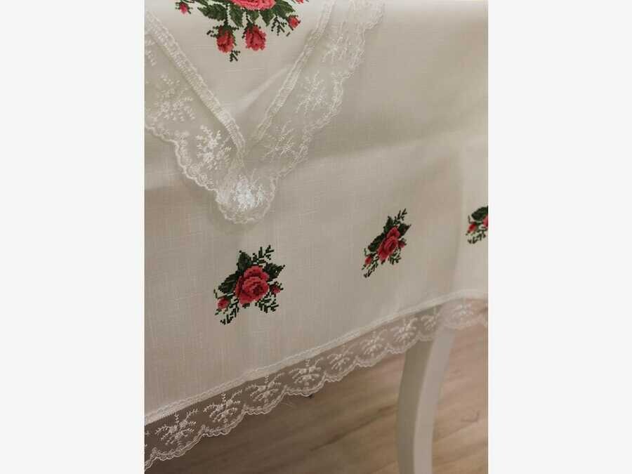  Cross Stitch Printed Guipure Four Roses Tablecloth Set 26 Pieces Bordeaux - Thumbnail