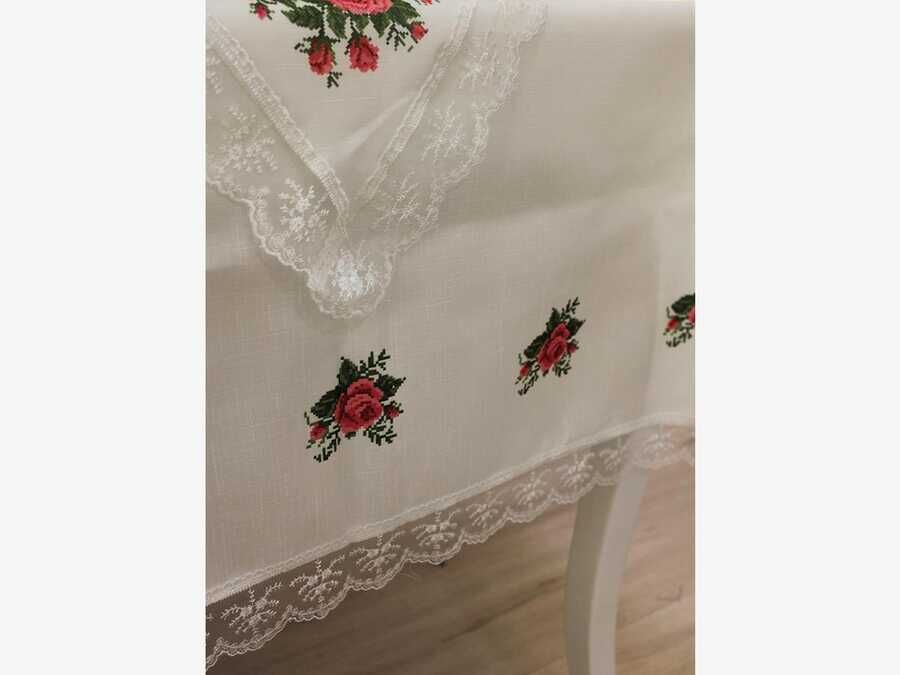  Cross Stitch Printed Guipure Four Roses Tablecloth Set 26 Pieces Bordeaux 