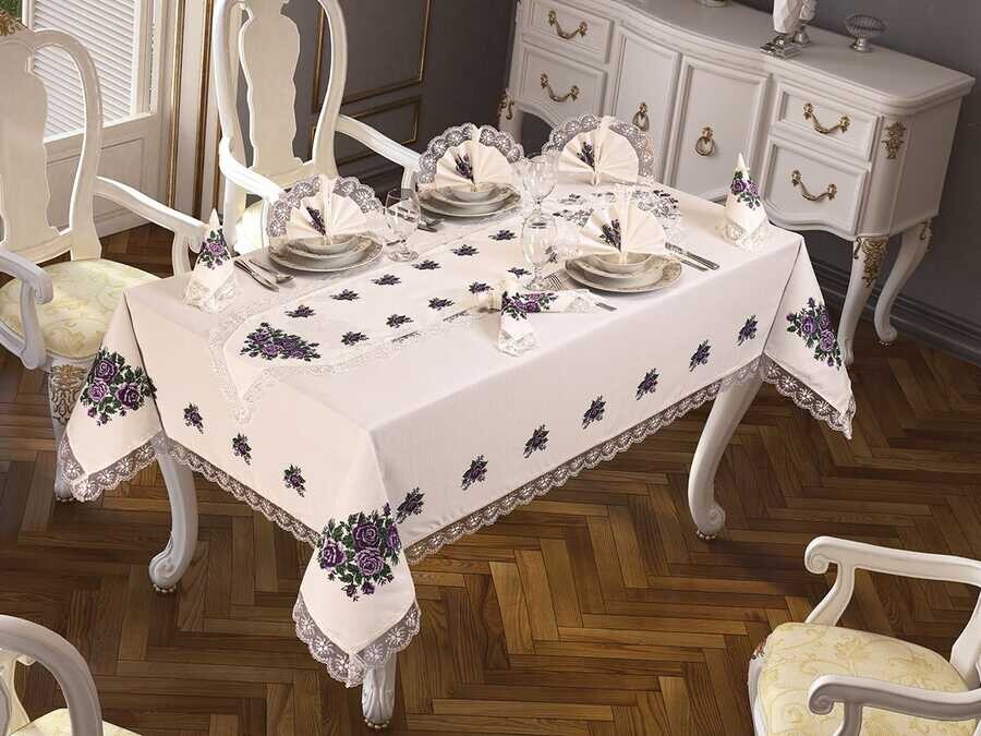 Dowry World - Cross Stitch Printed Guipure Four Roses Tablecloth Set 26 Pieces Lila Dowry World - Cross Stitch Printed Guipure Four Roses Tablecloth Set 26 Pieces Lila