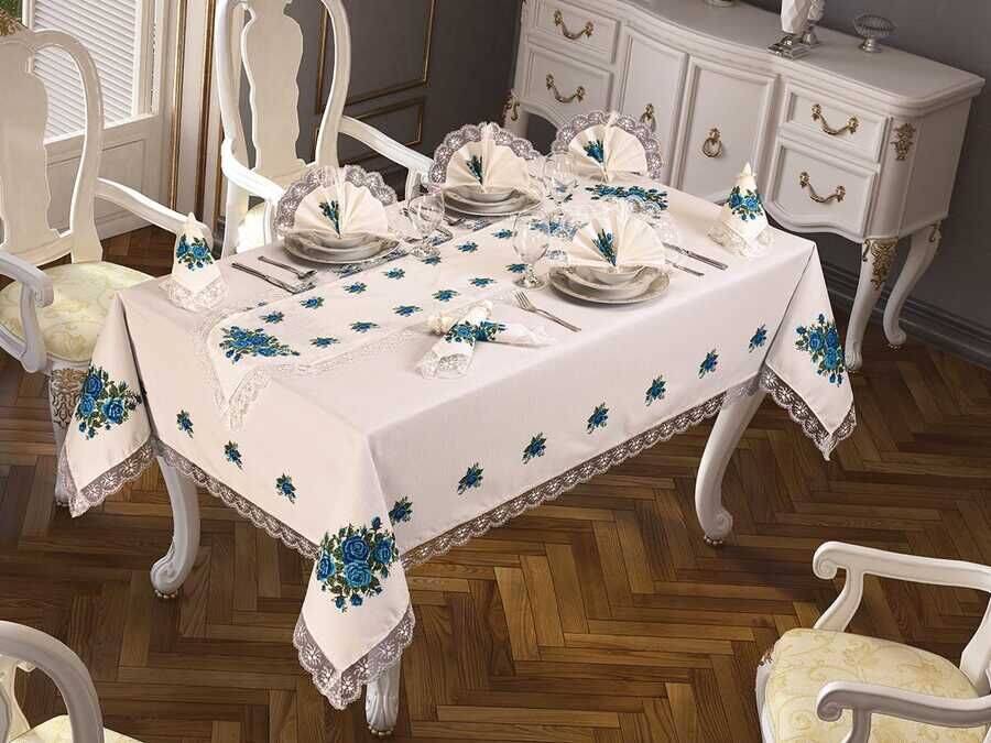  Cross Stitch Printed Guipure Four Roses Tablecloth Set 26 Pieces Blue