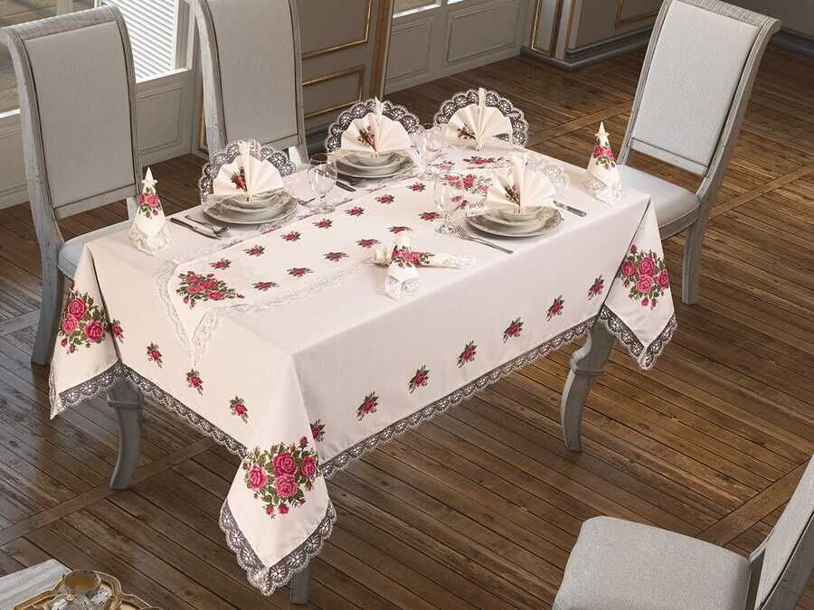 
Cross Stitch Printed Guipure Four Roses Tablecloth Set 26 Pieces Pink