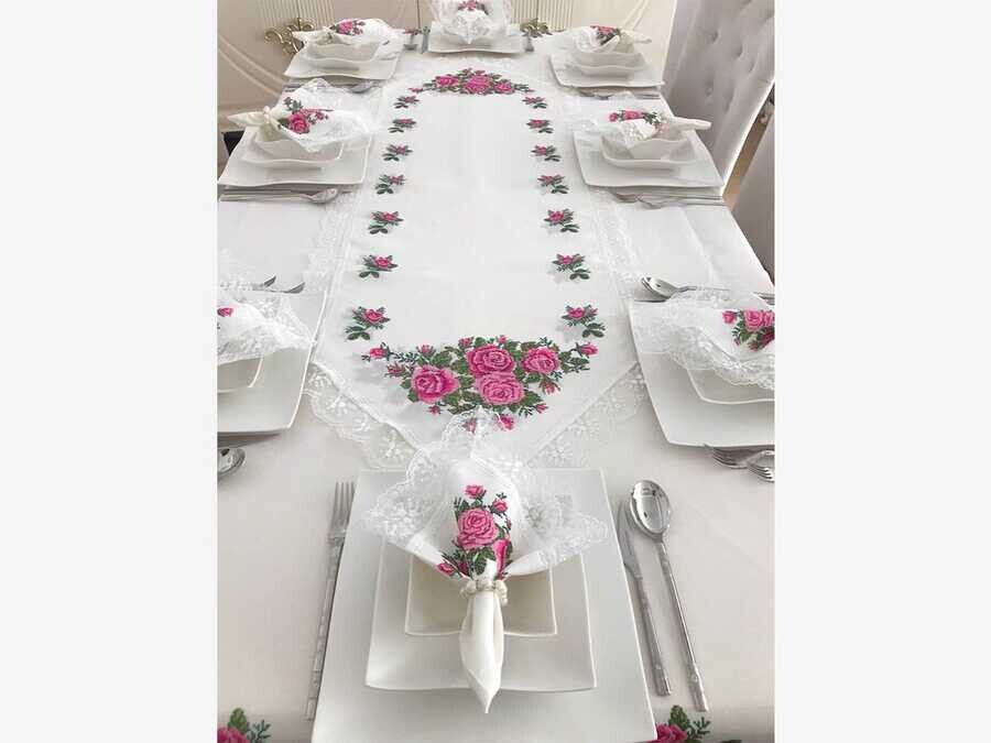 
Cross Stitch Printed Guipure Four Roses Tablecloth Set 26 Pieces Pink - Thumbnail