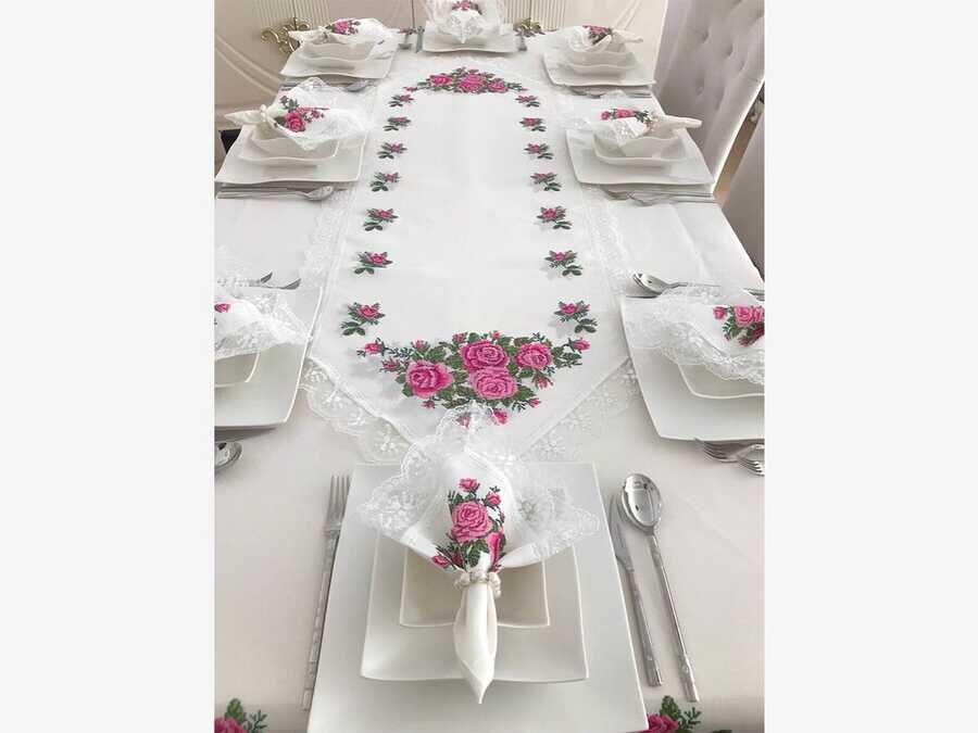 
Cross Stitch Printed Guipure Four Roses Tablecloth Set 26 Pieces Pink