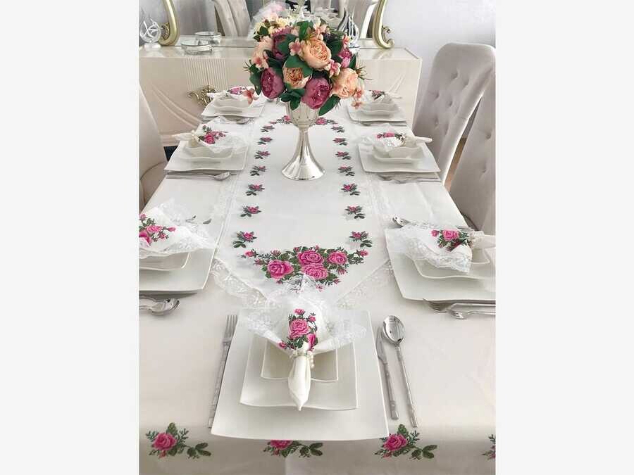 
Cross Stitch Printed Guipure Four Roses Tablecloth Set 26 Pieces Pink - Thumbnail
