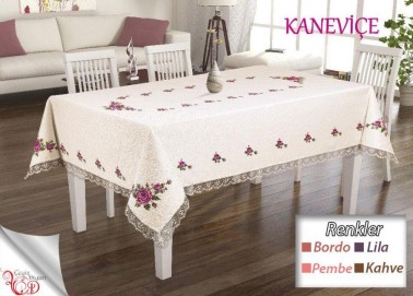  Cross Stitch Printed Laced Tablecloth Set 18 Pieces Maroon - Thumbnail