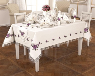  Cross Stitch Printed Laced Tablecloth Set 18 Pieces Maroon - Thumbnail