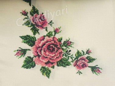  Cross-stitch Printed Laced Tablecloth Set 18 Piece Pink - Thumbnail