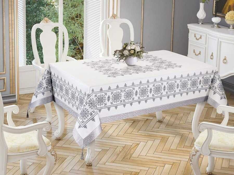  Cross-stitch Printed Sultan Table Cloth Silver 160x300 Cm
