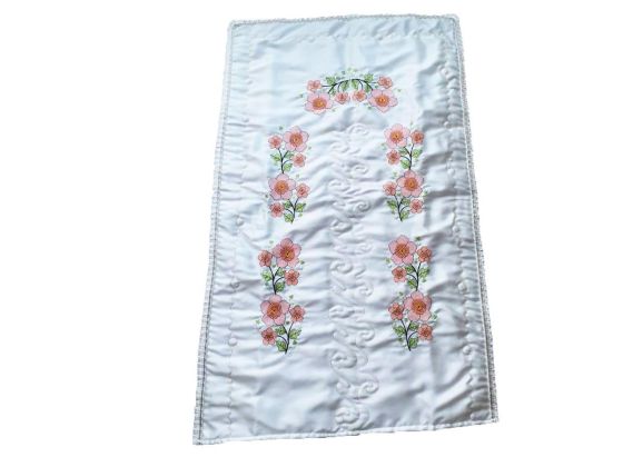 Cross-stitch Embroidered Satin Prayer Rug Flowers Salmon