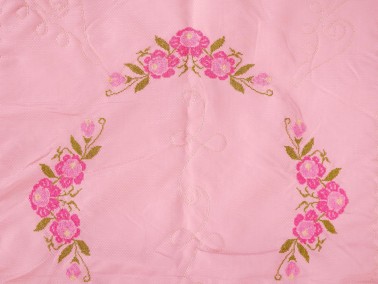 Cross Stitch Embroidered Carnation Satin Prayer Rug Pink - Thumbnail