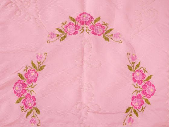 Cross Stitch Embroidered Carnation Satin Prayer Rug Pink