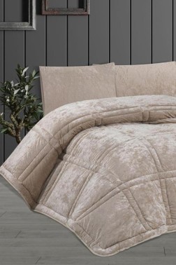 Karelim Velvet Comforter Set, Quilt 195x215, Fitted Sheet 160x200, Silicone Filled, Cotton Fabric, Beige - Thumbnail