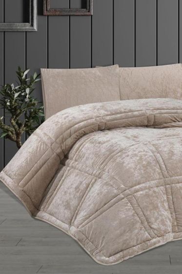 Karelim Velvet Comforter Set, Quilt 195x215, Fitted Sheet 160x200, Silicone Filled, Cotton Fabric, Beige