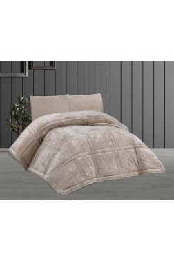 Karelim Velvet Comforter Set, Quilt 195x215, Fitted Sheet 160x200, Silicone Filled, Cotton Fabric, Beige - Thumbnail