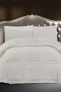 Karelim Velvet Comforter Set, Quilt 195x215, Fitted Sheet 160x200, Silicone Filled, Cotton Fabric, Cream - Thumbnail