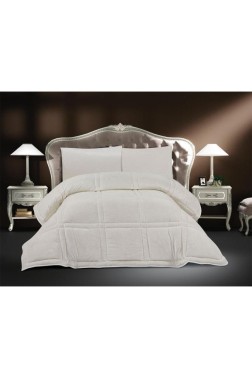 Karelim Velvet Comforter Set, Quilt 195x215, Fitted Sheet 160x200, Silicone Filled, Cotton Fabric, Cream - Thumbnail