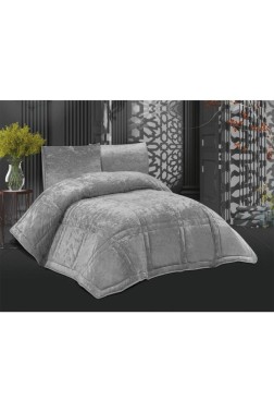 Karelim Velvet Comforter Set, Quilt 195x215, Fitted Sheet 160x200, Silicone Filled, Cotton Fabric, Gray - Thumbnail