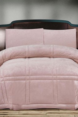Karelim Velvet Comforter Set, Quilt 195x215, Fitted Sheet 160x200, Silicone Filled, Cotton Fabric, Pink - Thumbnail