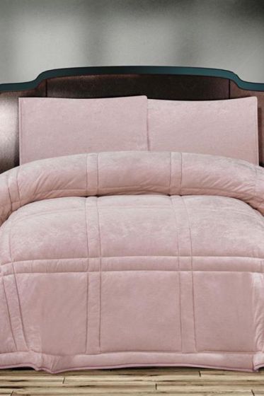 Karelim Velvet Comforter Set, Quilt 195x215, Fitted Sheet 160x200, Silicone Filled, Cotton Fabric, Pink