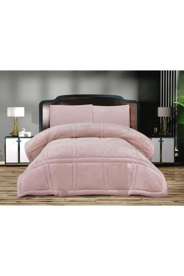Karelim Velvet Comforter Set, Quilt 195x215, Fitted Sheet 160x200, Silicone Filled, Cotton Fabric, Pink