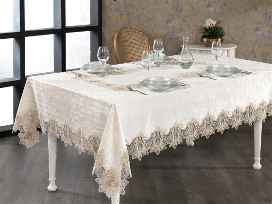 Karina French Guipure Velvet Table Cloth Cappucino