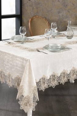Karina French Guipure Velvet Tablecloth Cream - Thumbnail