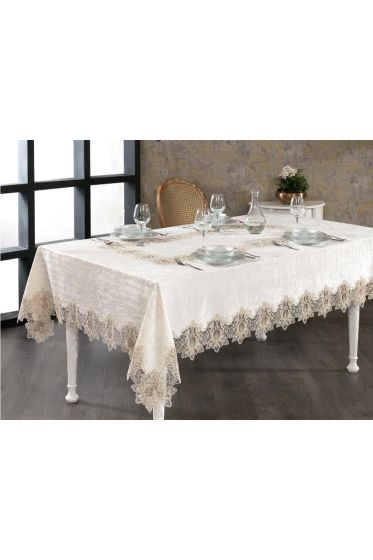 Karina French Guipure Velvet Tablecloth Cream