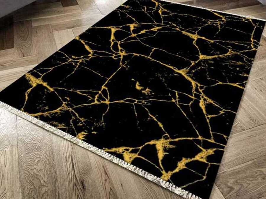 Non-Slip Base Digital Print Velvet Carpet Crack Wall Black Gold 100x200 cm - Thumbnail