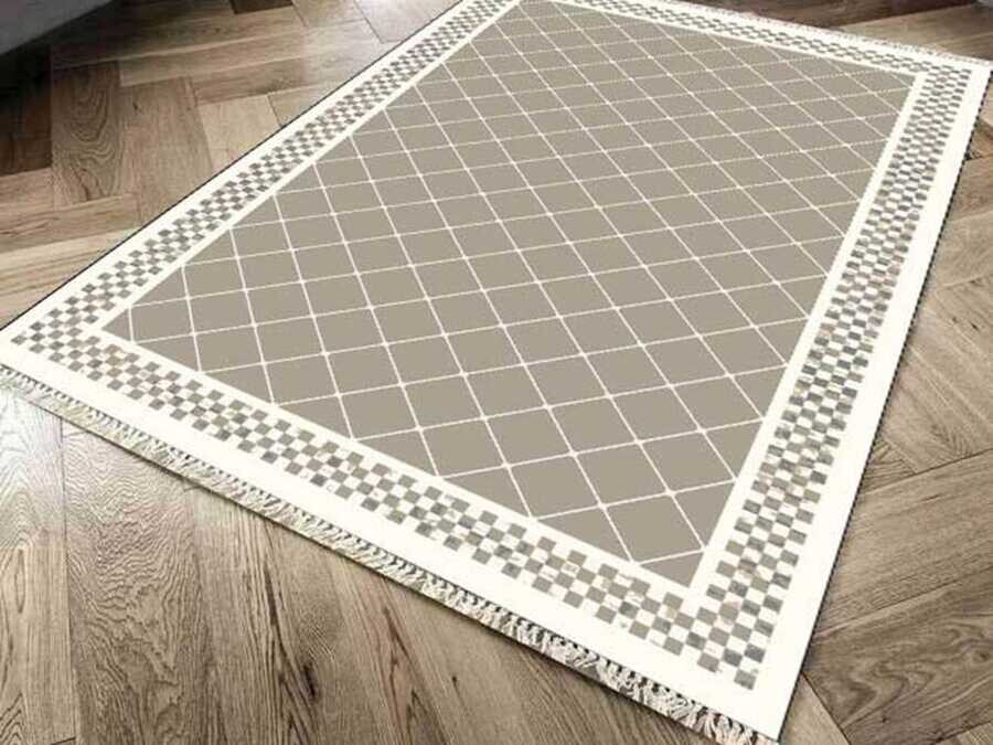 Non-Slip Base Digital Print Velvet Carpet Dama Cappuccino 100x200 cm - Thumbnail