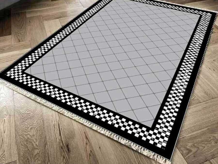 Non-Slip Base Digital Print Velvet Carpet Dama Gray 100x200 cm - Thumbnail