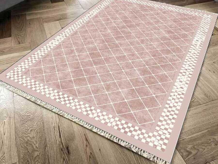 Non-Slip Base Digital Print Velvet Carpet Dama Powder 100x200 cm - Thumbnail